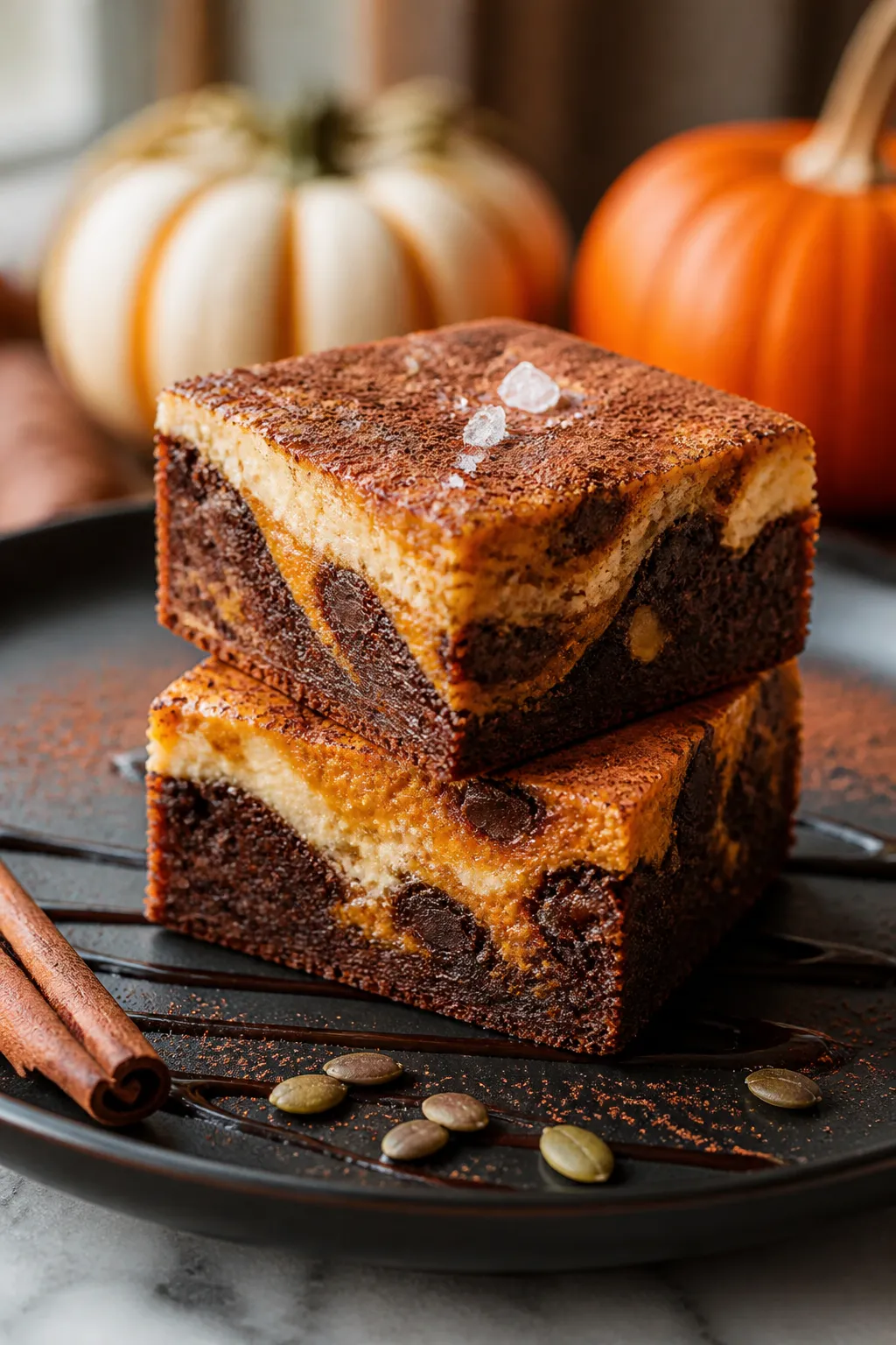 Final dish presentation: Restaurant-quality plated Pumpkin Cream Cheese Brownie squares—two neat, 
