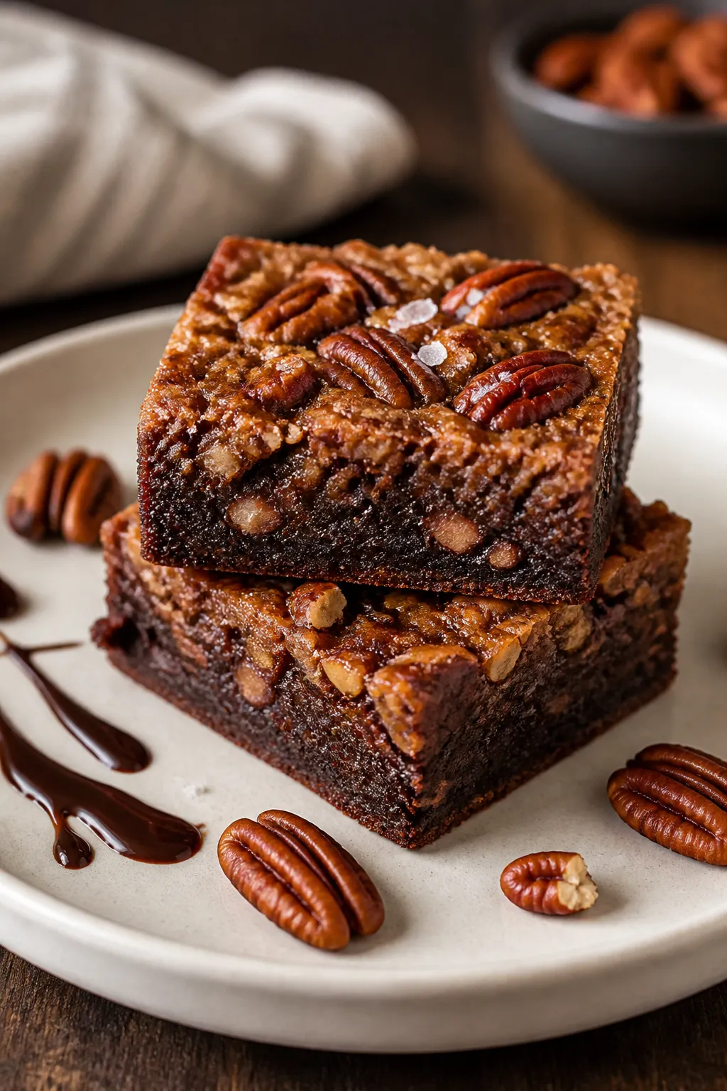 Final dish presentation: Restaurant-quality plated squares of Pecan Pie Brownies on a matte off-whit