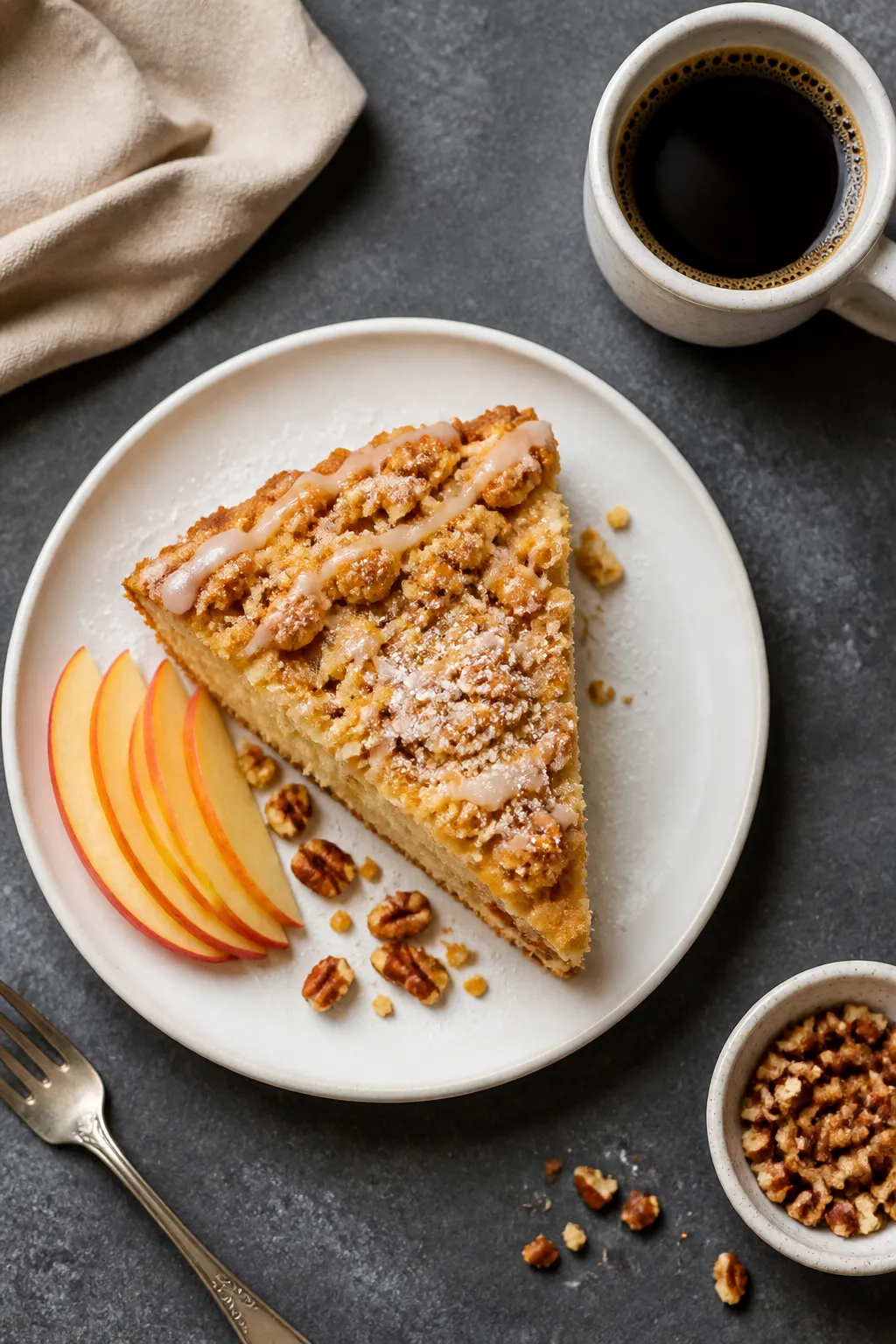 Final dish presentation: Restaurant-quality plated wedge of cinnamon apple crumb cake on a matte whi