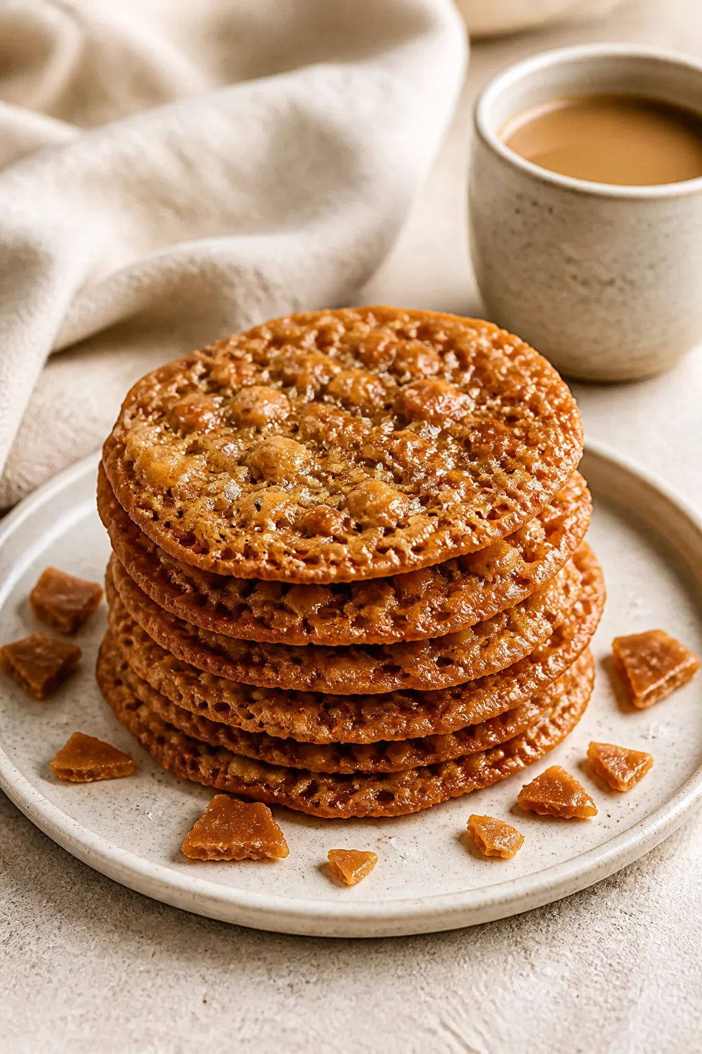 Final dish presentation: Restaurant-quality plated stack of brown butter toffee cookies on a matte c