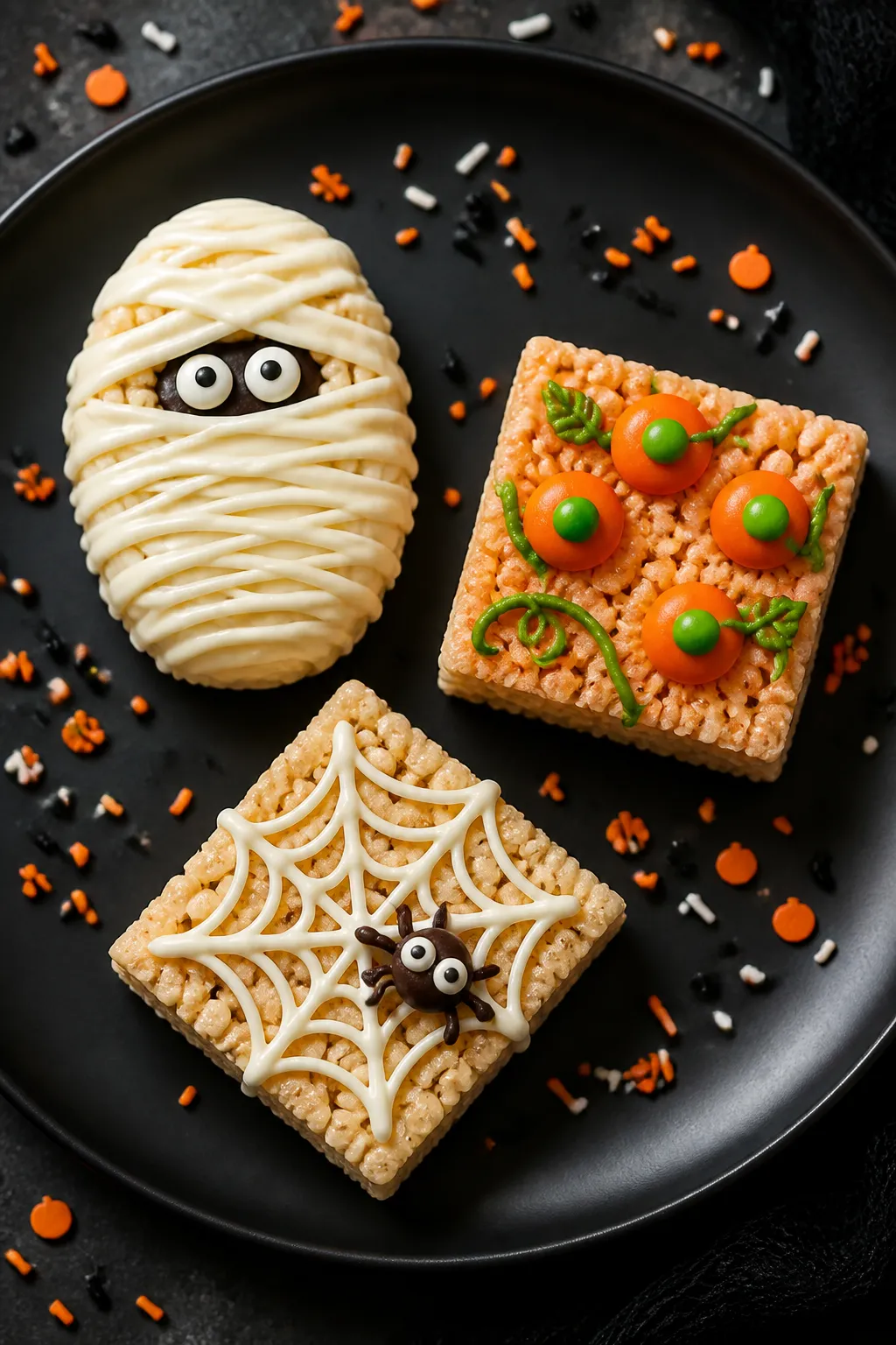 Final dish presentation: Restaurant-quality plated trio of Halloween-themed Rice Krispie treats—on