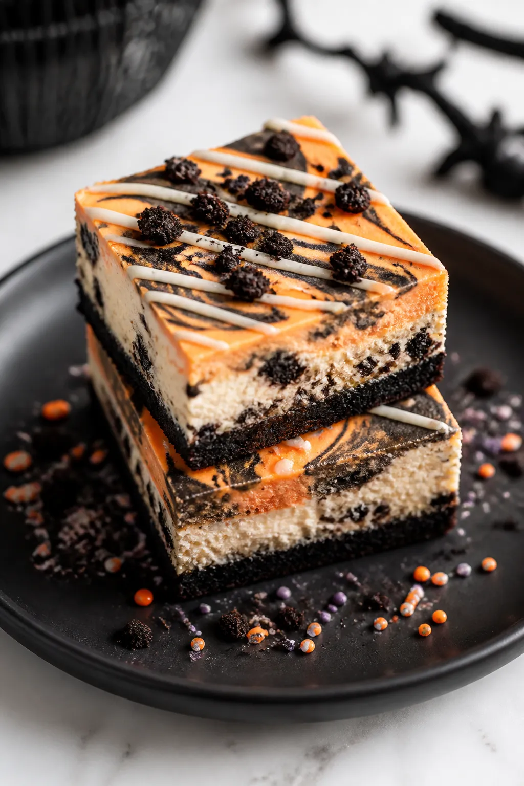 Final dish presentation: Restaurant-quality plating of two Halloween Oreo cheesecake bars stacked sl