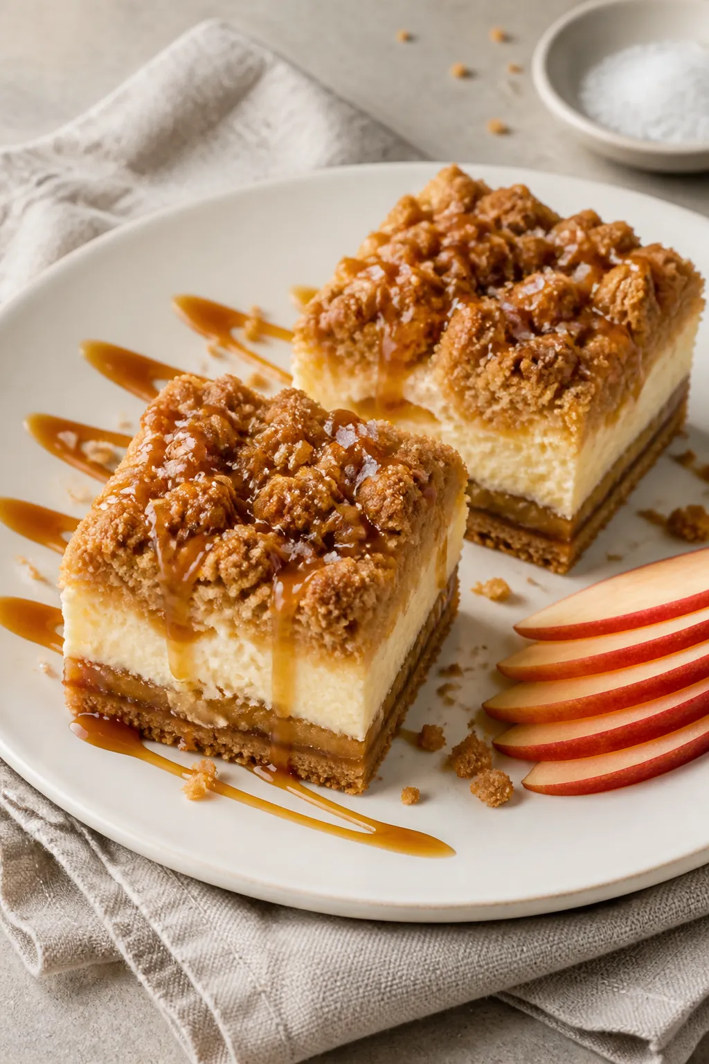 Final dish presentation: Restaurant-quality serving of two neat, square Apple Crumble Cheesecake Bar