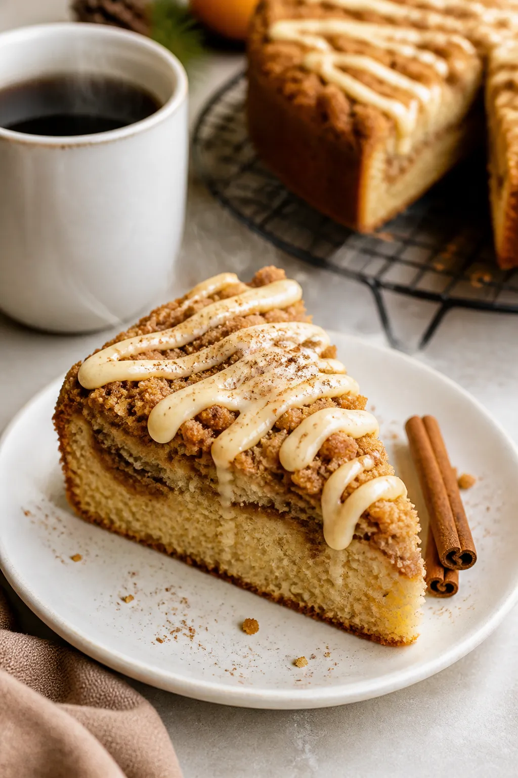 Final dish presentation: Restaurant-quality slice of eggnog crumb cake plated on a matte white desse