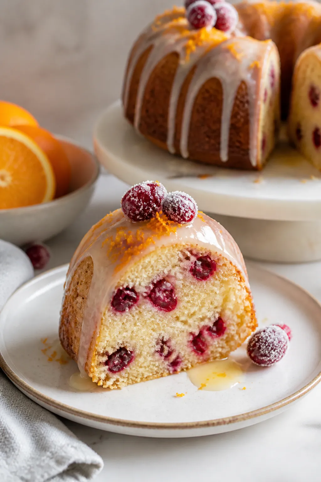Final dish presentation: Restaurant-quality slice of Cranberry Orange Bundt Cake plated on a white s