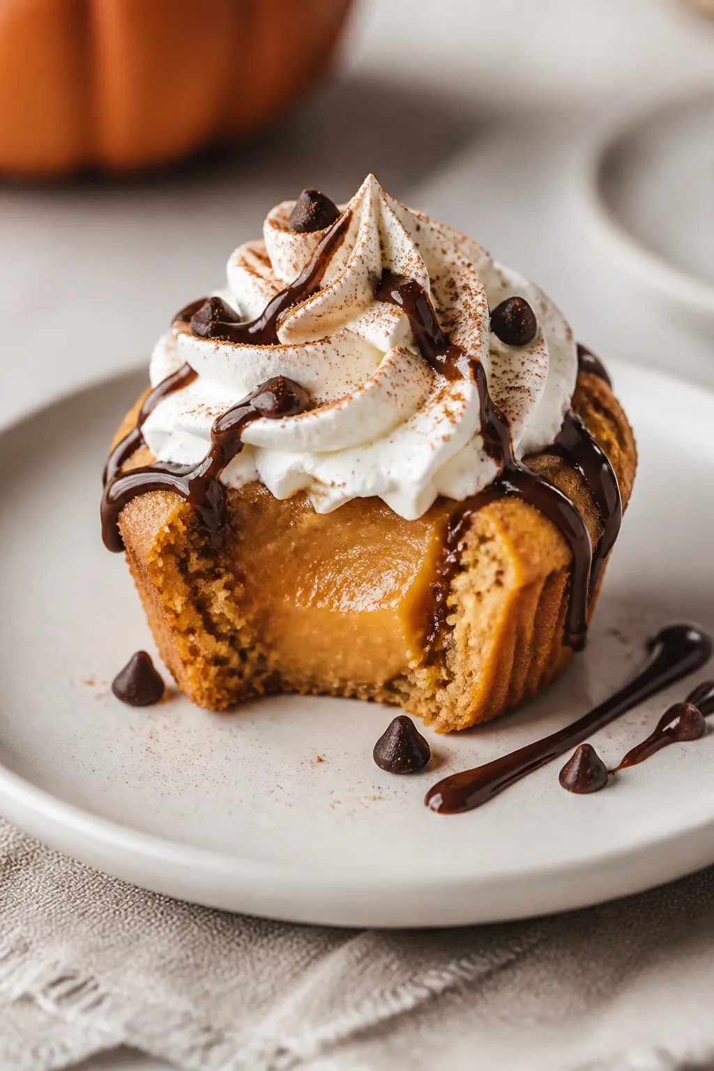 Final dish presentation: Single pumpkin pie cupcake on a small matte white dessert plate, topped wit
