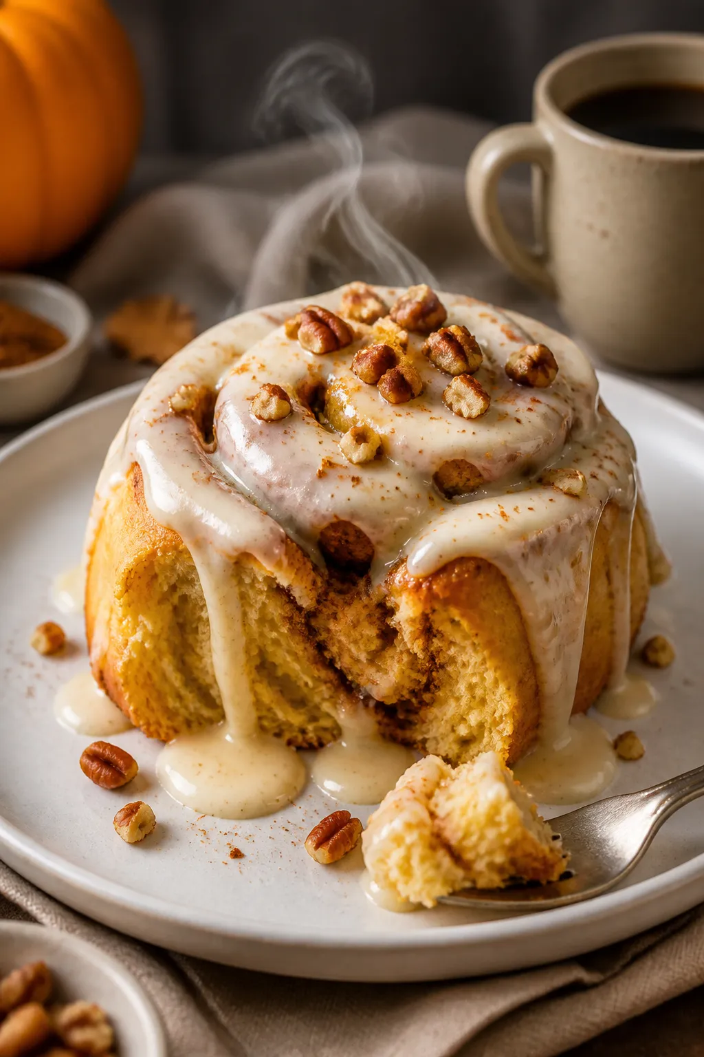 Final dish presentation: Single pumpkin spice cinnamon roll plated on a matte white dessert plate, g