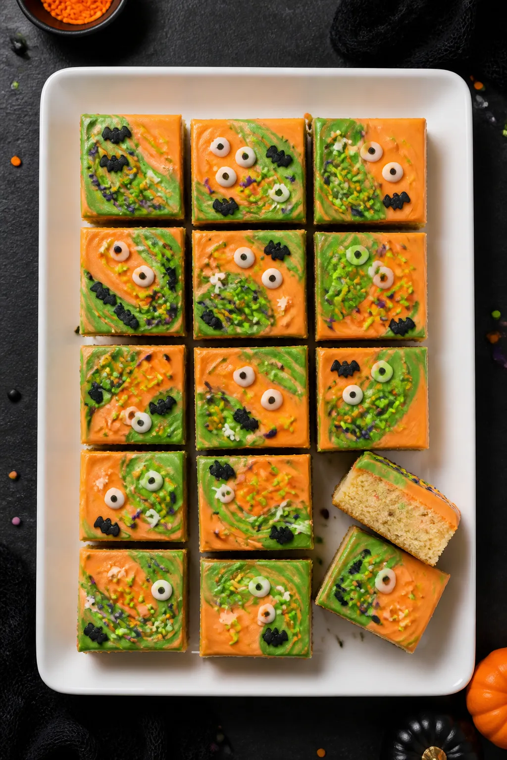 Final dish presentation: Tasty top view of neatly sliced Halloween sugar cookie bars arranged in a t