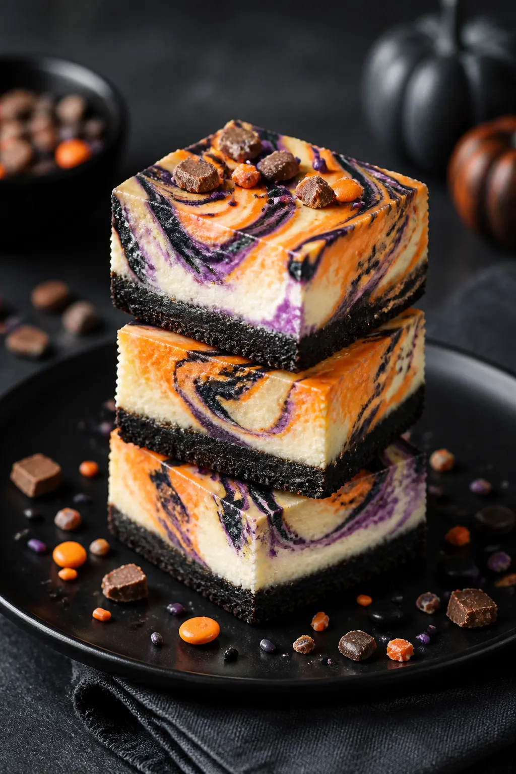 Final dish presentation: Three Halloween cheesecake bars stacked slightly staggered on a matte black