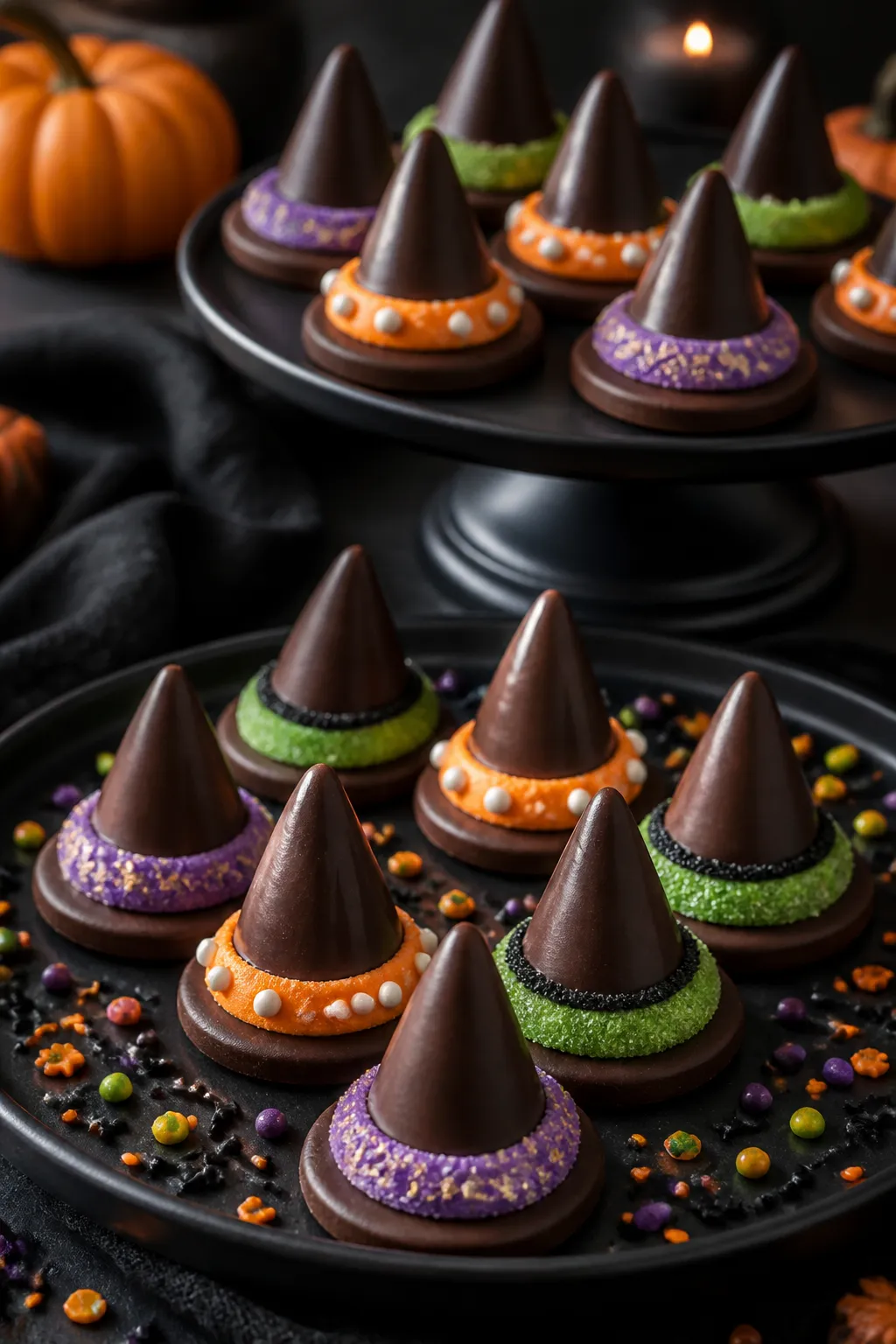 Final party presentation shot: a tiered dessert stand and matte black platter arranged with Witch Ha