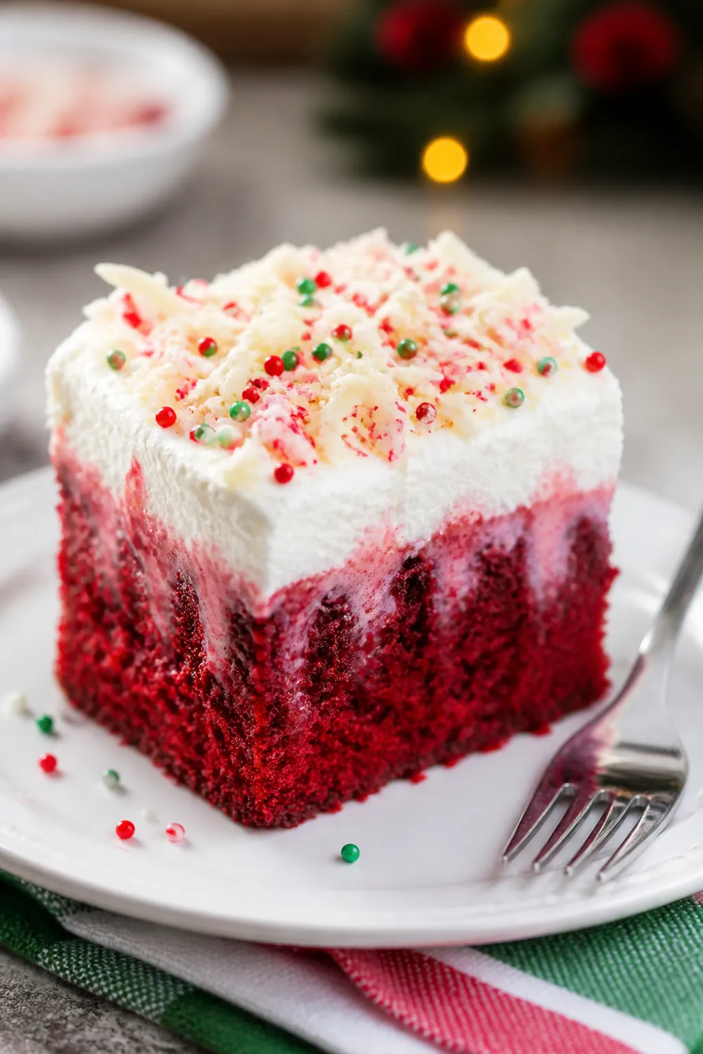 Final plated beauty shot: A generous square slice of Christmas Red Velvet Poke Cake on a white ceram