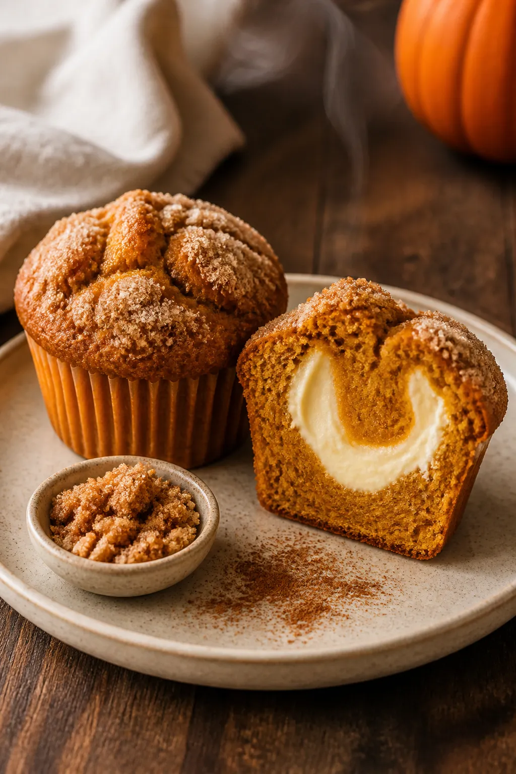 Final plated beauty shot: Two bakery-style pumpkin cream cheese muffins on a matte ceramic plate—o
