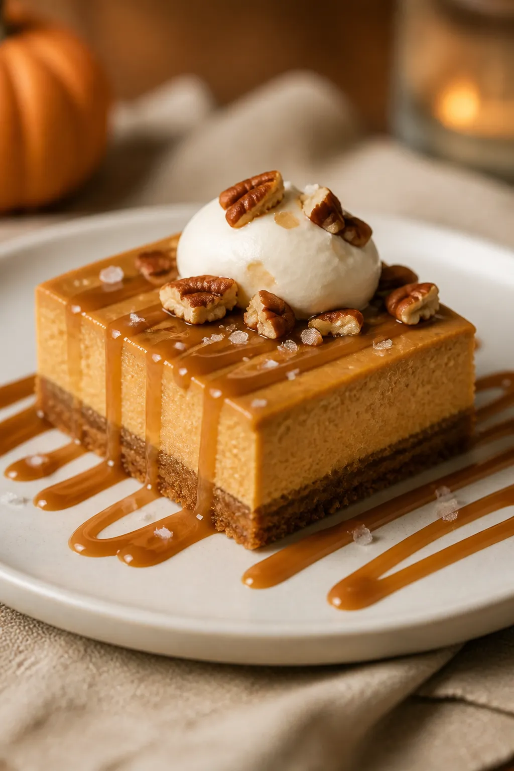 Final plated beauty: Single Pumpkin Caramel Cheesecake Bar plated on a matte white dessert plate wit
