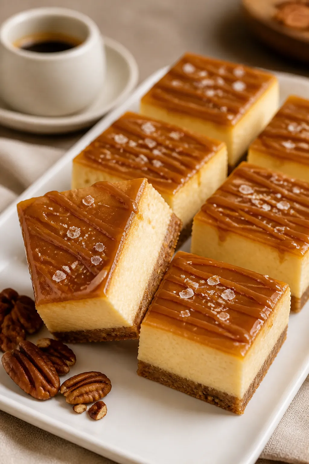 Final plated dish: Restaurant-quality presentation of Golden Caramel Cheesecake Bars sliced into nea
