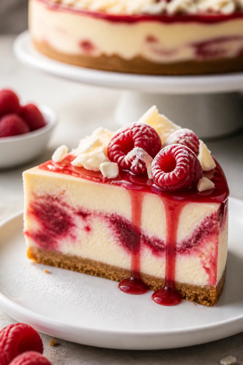 Final plated hero image: A pristine slice of White Chocolate Raspberry Cheesecake on a white stonewa