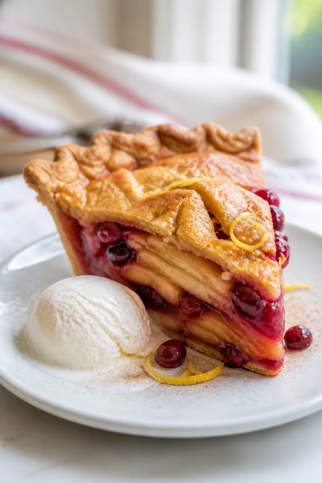 Final plated hero shot: A clean slice of apple cranberry pie on a white ceramic plate, the wedge sta