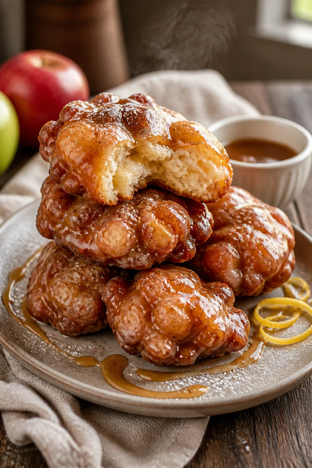 Final plated hero shot: Maple glazed apple fritters stacked on a matte ceramic plate, glossy double 