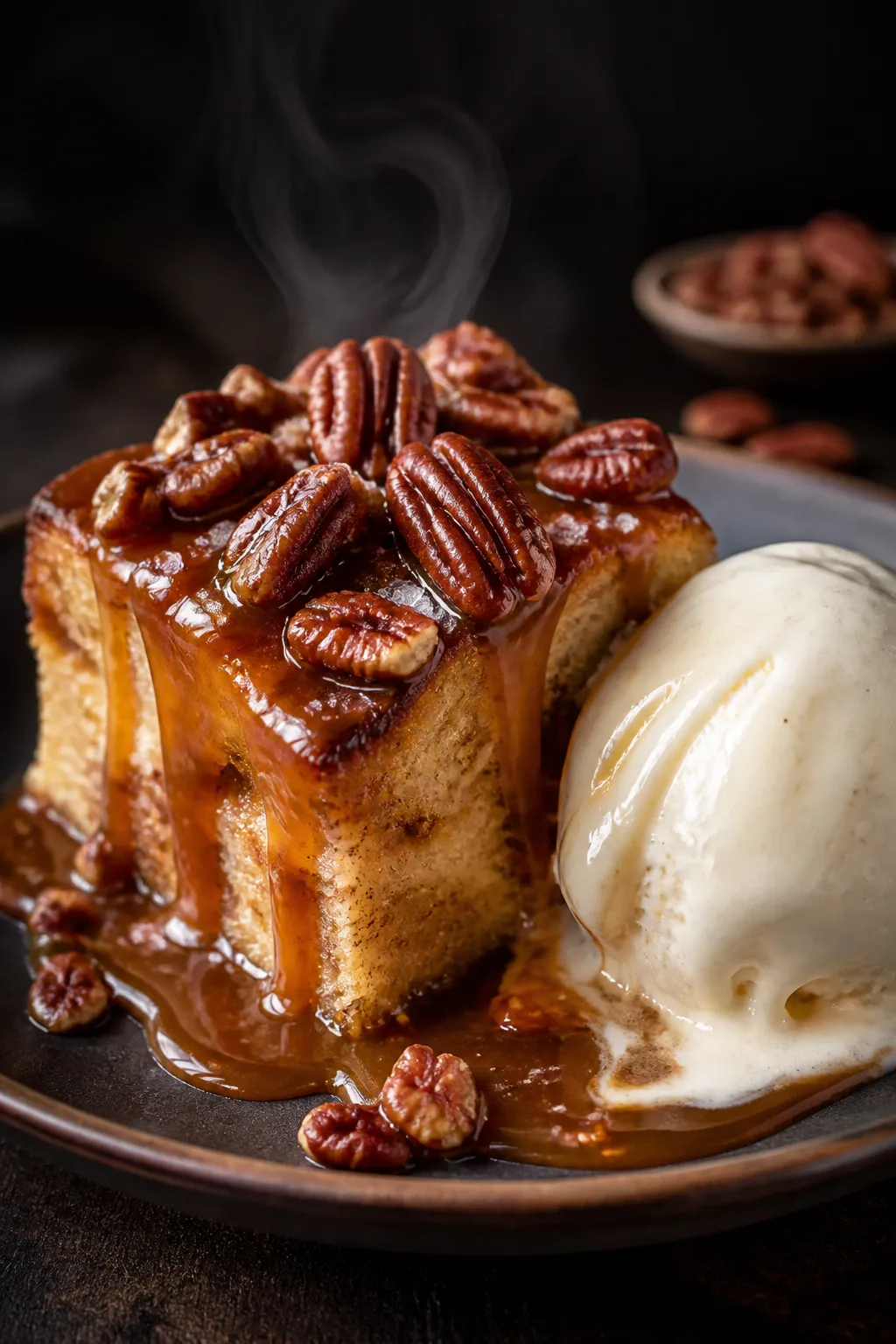 Final plated presentation: a generous square of warm Caramel Pecan Bread Pudding on a matte ceramic