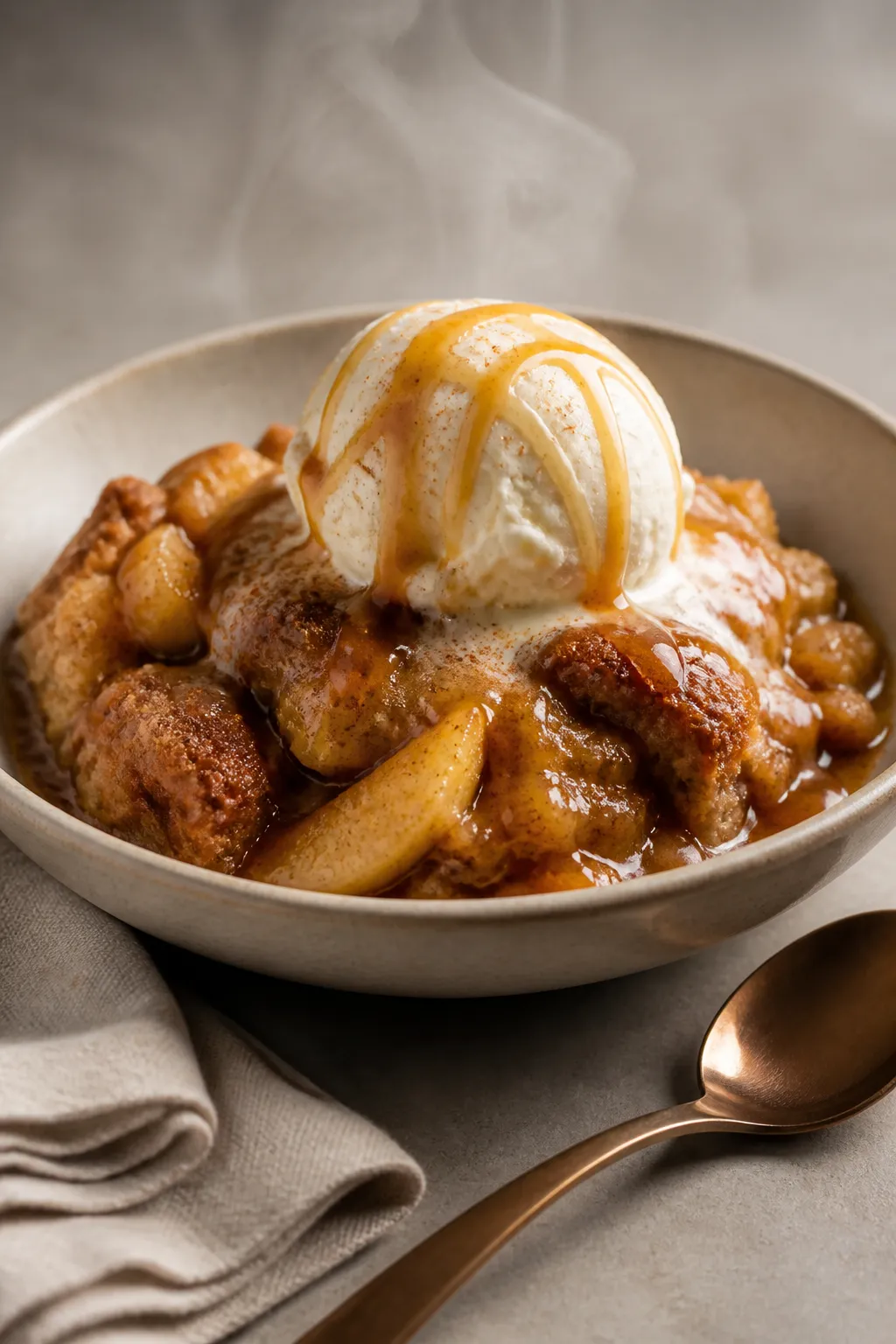 Final plated presentation: A generous warm scoop of Cinnamon Roll Apple Cobbler in a shallow ceramic