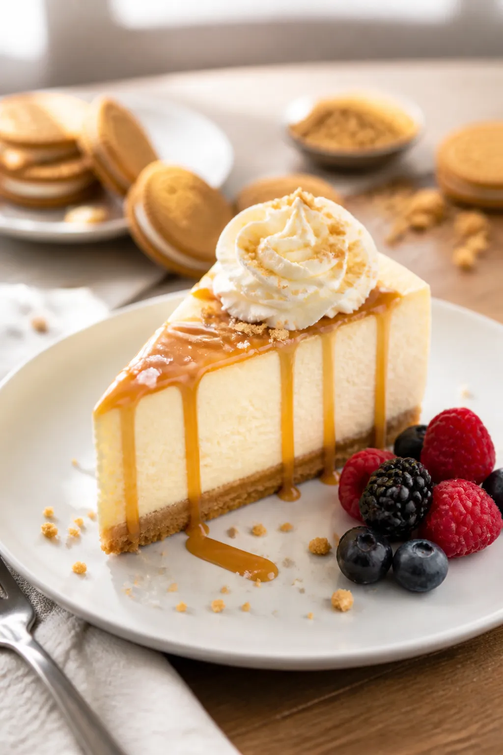 Final plated presentation: A single elegant slice of Golden Oreo Cheesecake on a white coupe plate, 