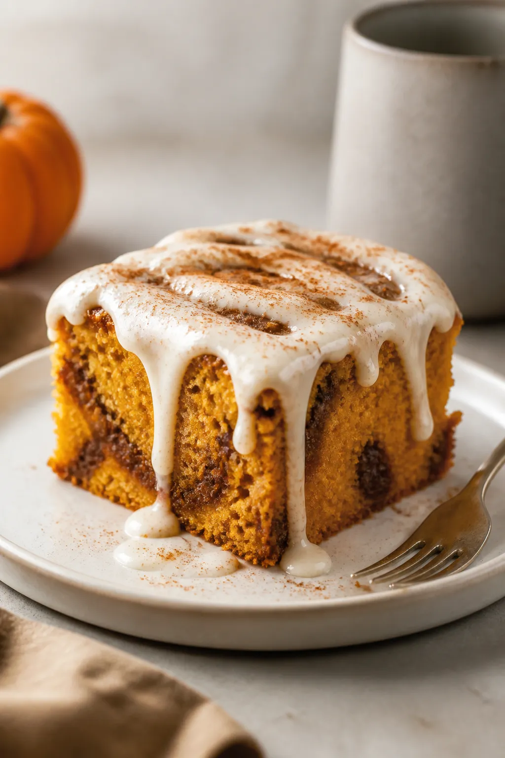 Final plated presentation: A single generous square of Pumpkin Cinnamon Roll Cake on a matte off-whi