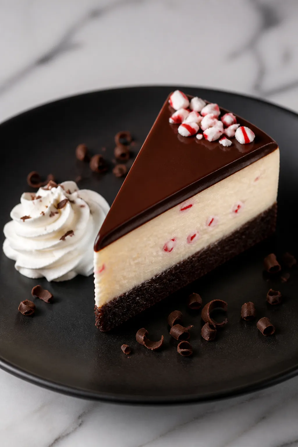 Final plated presentation: A single, neatly sliced wedge of Peppermint Brownie Cheesecake on a matte