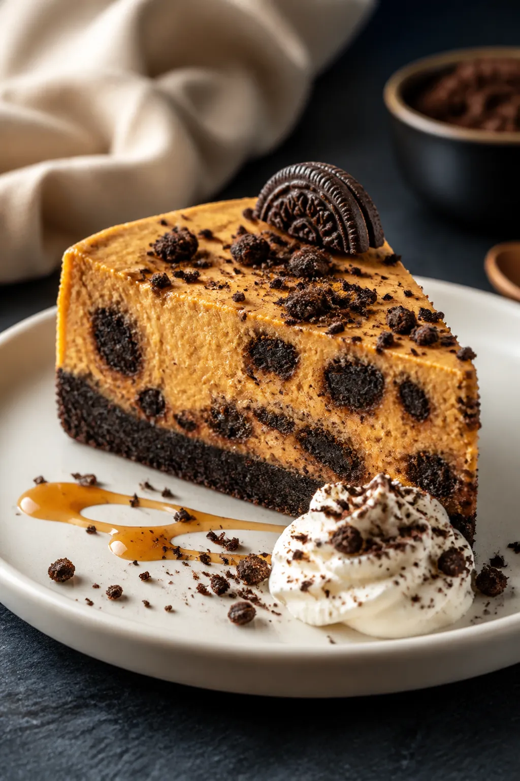 Final plated presentation: A single pristine slice of Pumpkin Oreo Cheesecake on a matte white desse