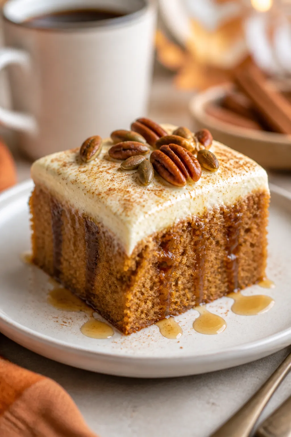 Final plated presentation: A single square of Pumpkin Spice Poke Cake on a matte white dessert plate