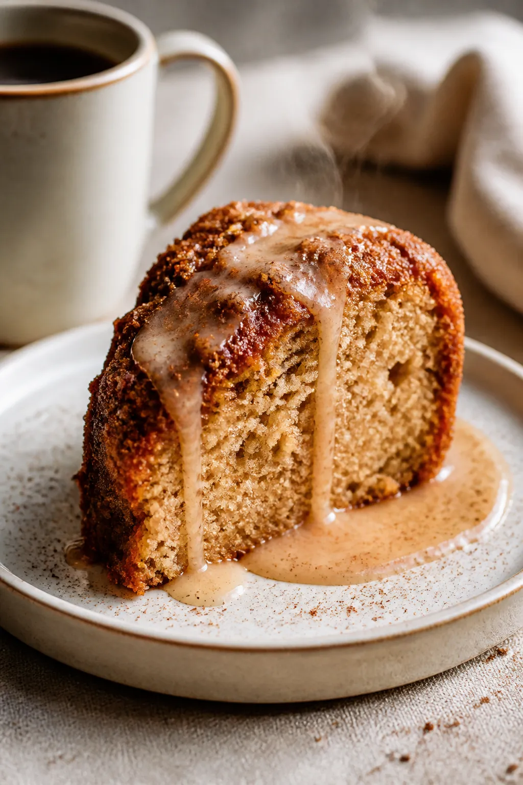 Final plated presentation: A thick slice of Apple Cider Donut Cake on a small ceramic plate, crumb m
