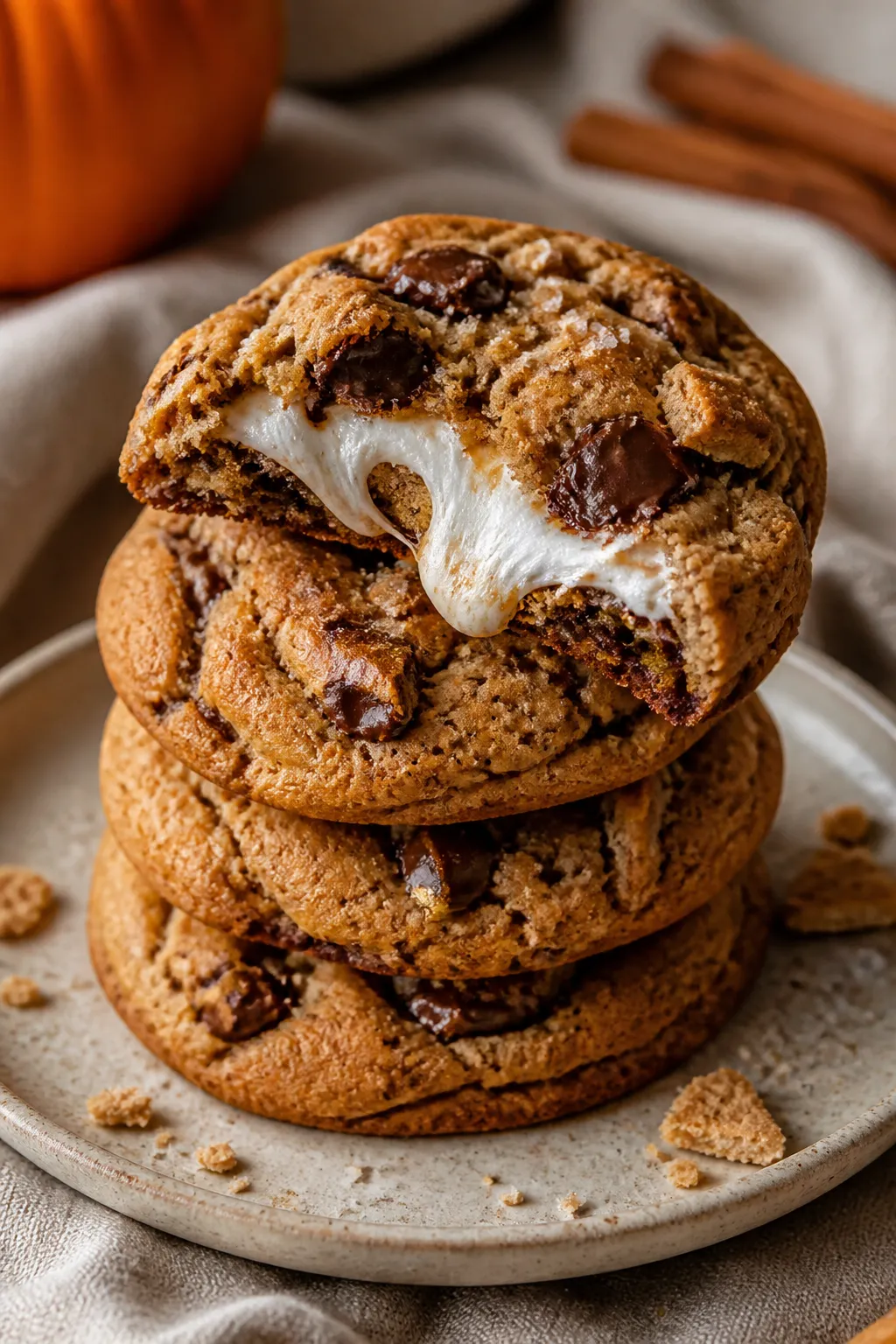 Final plated presentation: Beautiful stack of Pumpkin S’mores Cookies on a matte stoneware plate, 