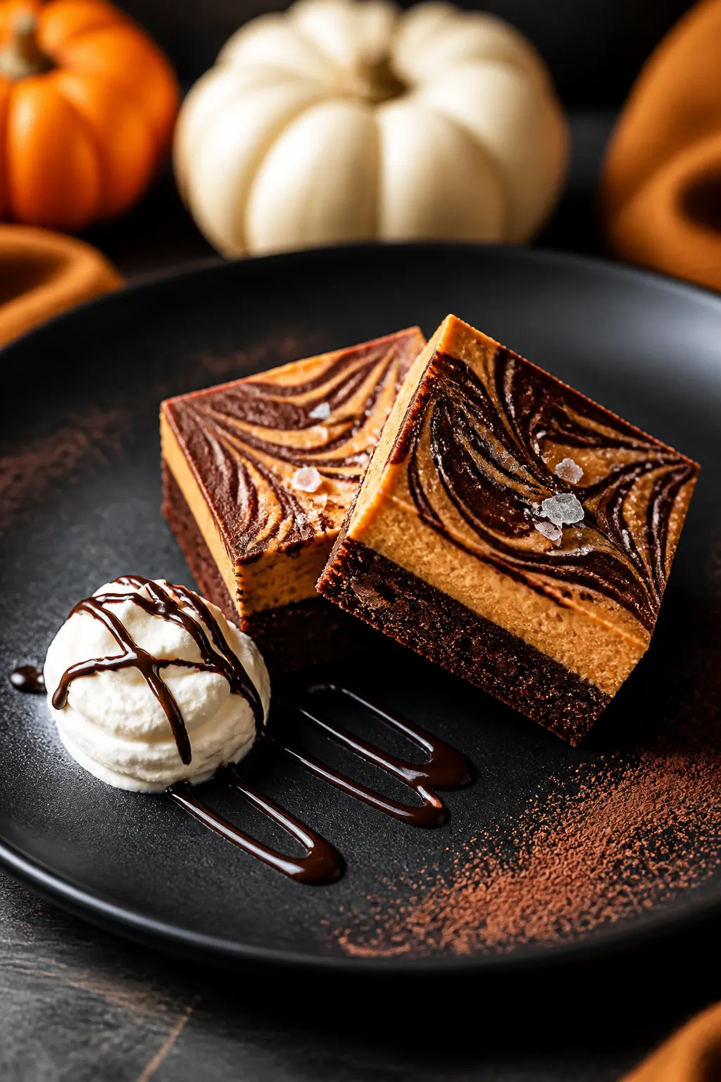 Final plated presentation of neatly sliced pumpkin cheesecake brownie squares on a matte black plate