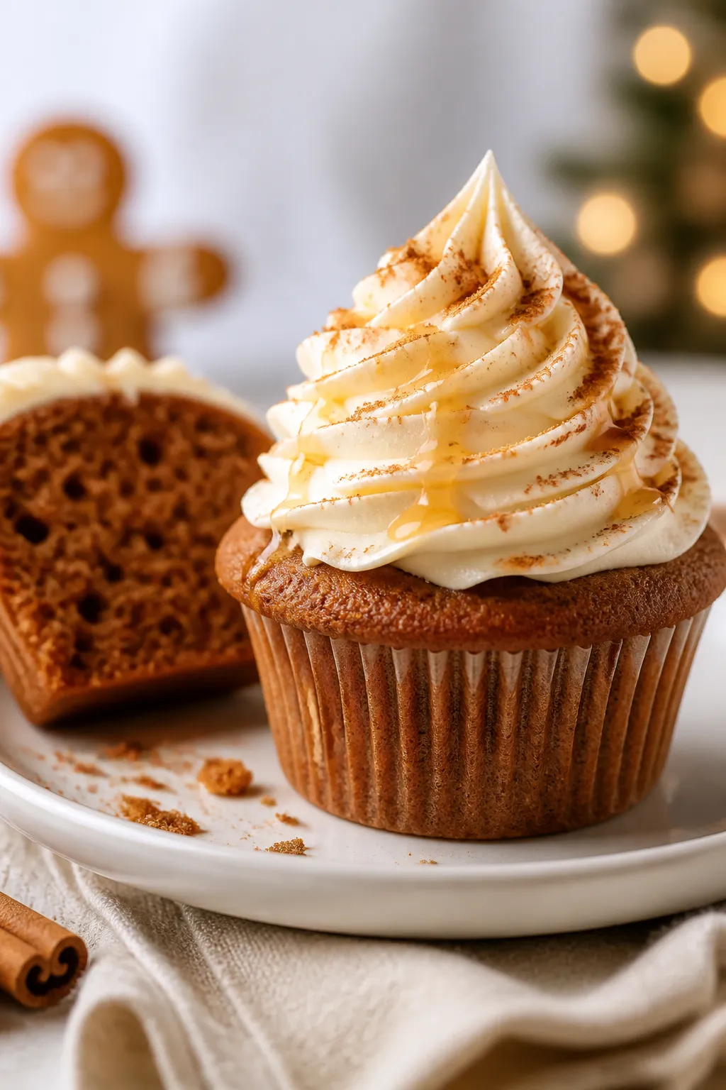 Final plated presentation: One hero gingerbread cupcake on a small matte white plate, tall cream che