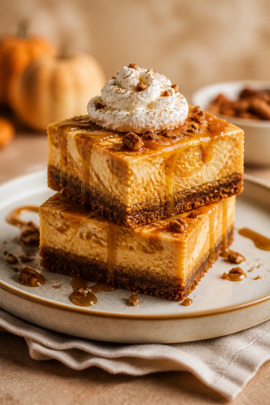 Final plated presentation: Restaurant-quality plate with two pumpkin cheesecake bars stacked slightl