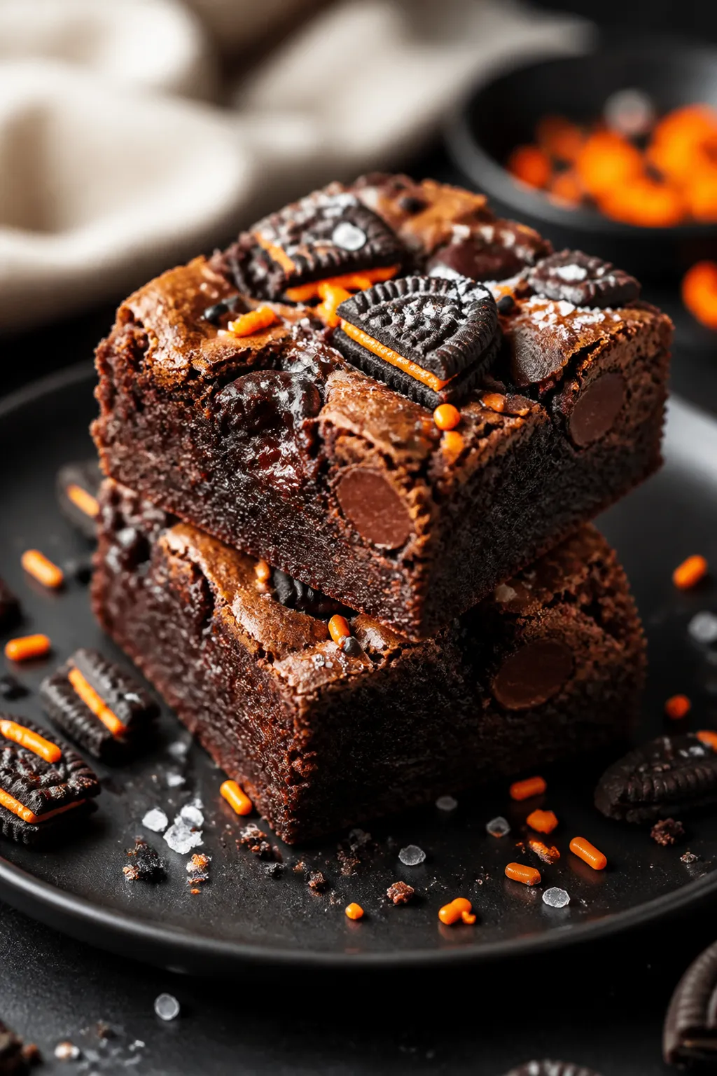 Final plated presentation: two thick squares of Halloween Oreo Brownies stacked on a matte black des