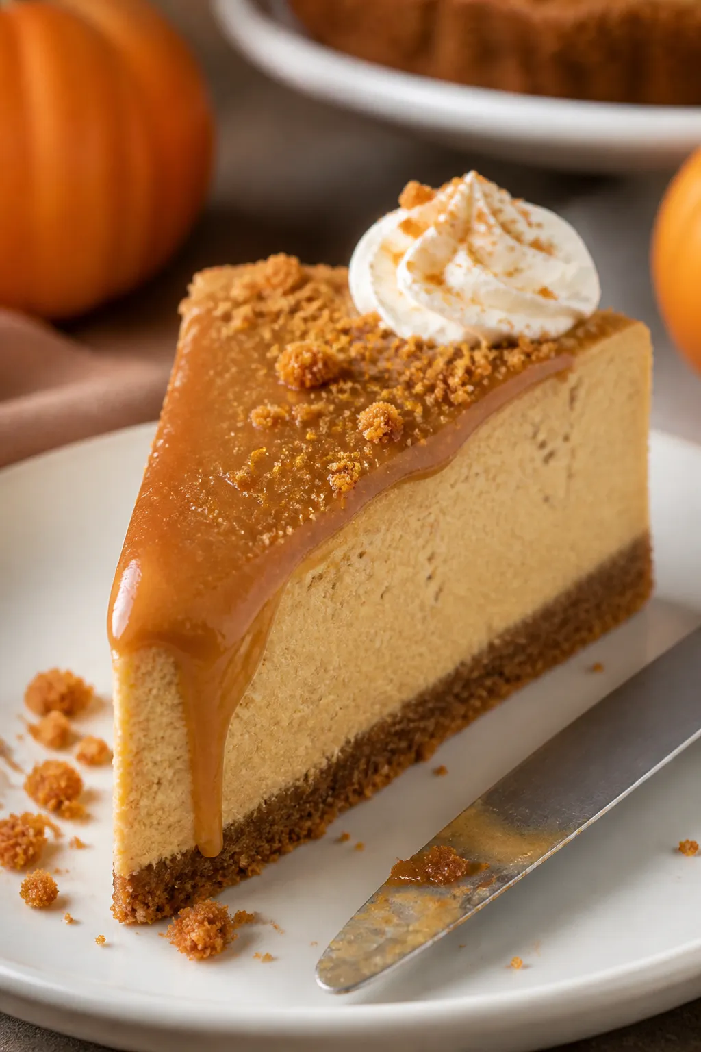 Final plated slice, three-quarter angle close-up: a tall wedge of Pumpkin Biscoff Cheesecake showing