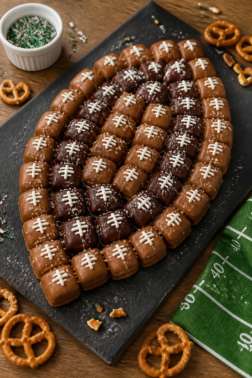Final platter presentation: Beautiful game day spread of finished football caramel pretzel bites arr