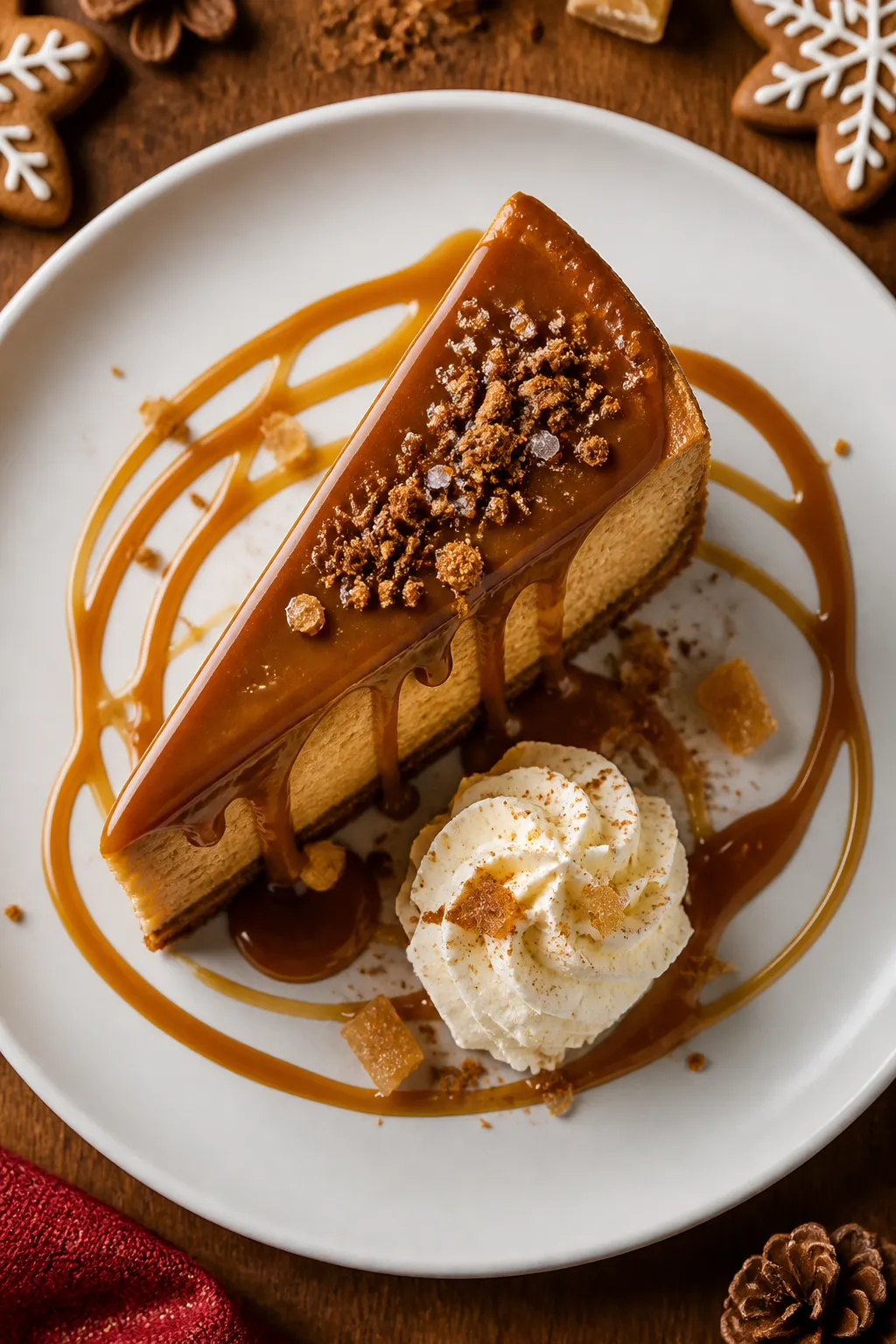 Final presentation: Beautifully plated holiday slice of Gingerbread Caramel Cheesecake with a thick,