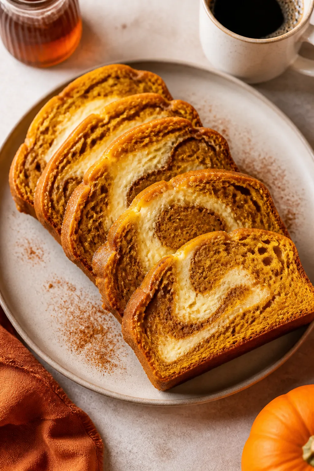 Final presentation: Beautifully plated slices of Pumpkin Cream Cheese Swirl Bread fanned on a matte 