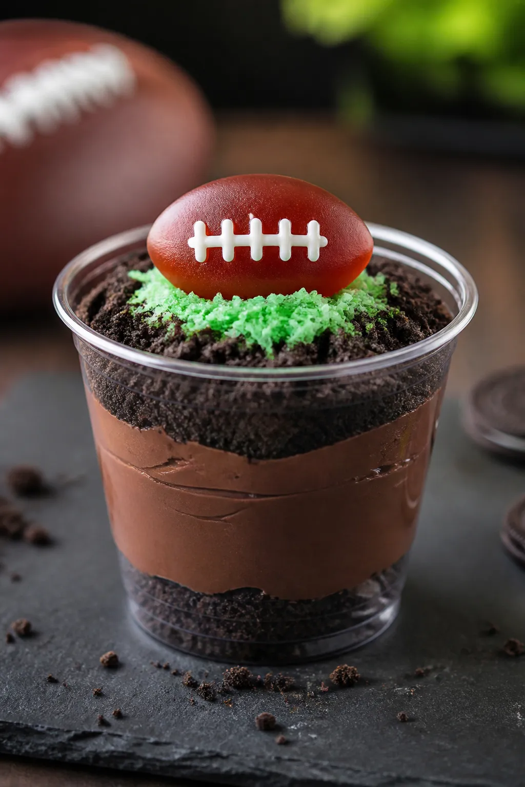 Final presentation: Hero shot of a single, perfectly styled Football Dirt Cup on a matte slate surfa