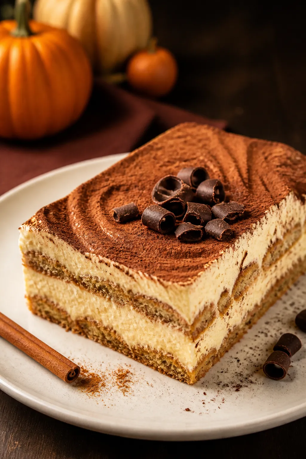 Final presentation: Restaurant-quality plated dessert—an elegant rectangle of chilled Pumpkin Tira