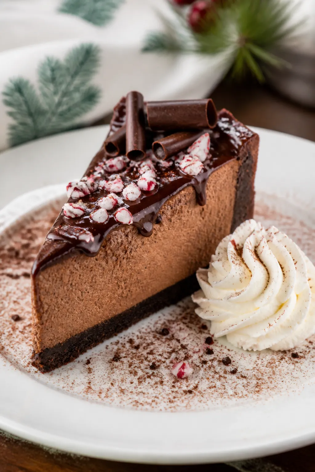 Final presentation: Restaurant-quality plated wedge of Peppermint Mocha Cheesecake on a white rimmed