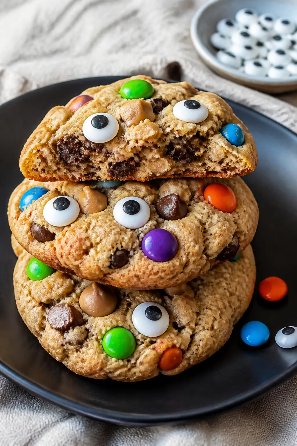 Final presentation: Restaurant-quality plating of three Halloween Monster Cookies on a matte black p