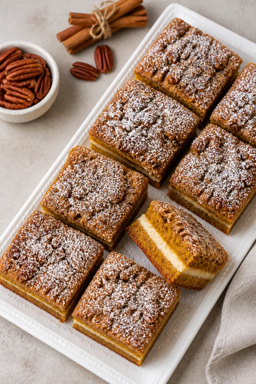 Final presentation scene: A café-style spread with multiple clean, even squares of baked Pumpkin Cr