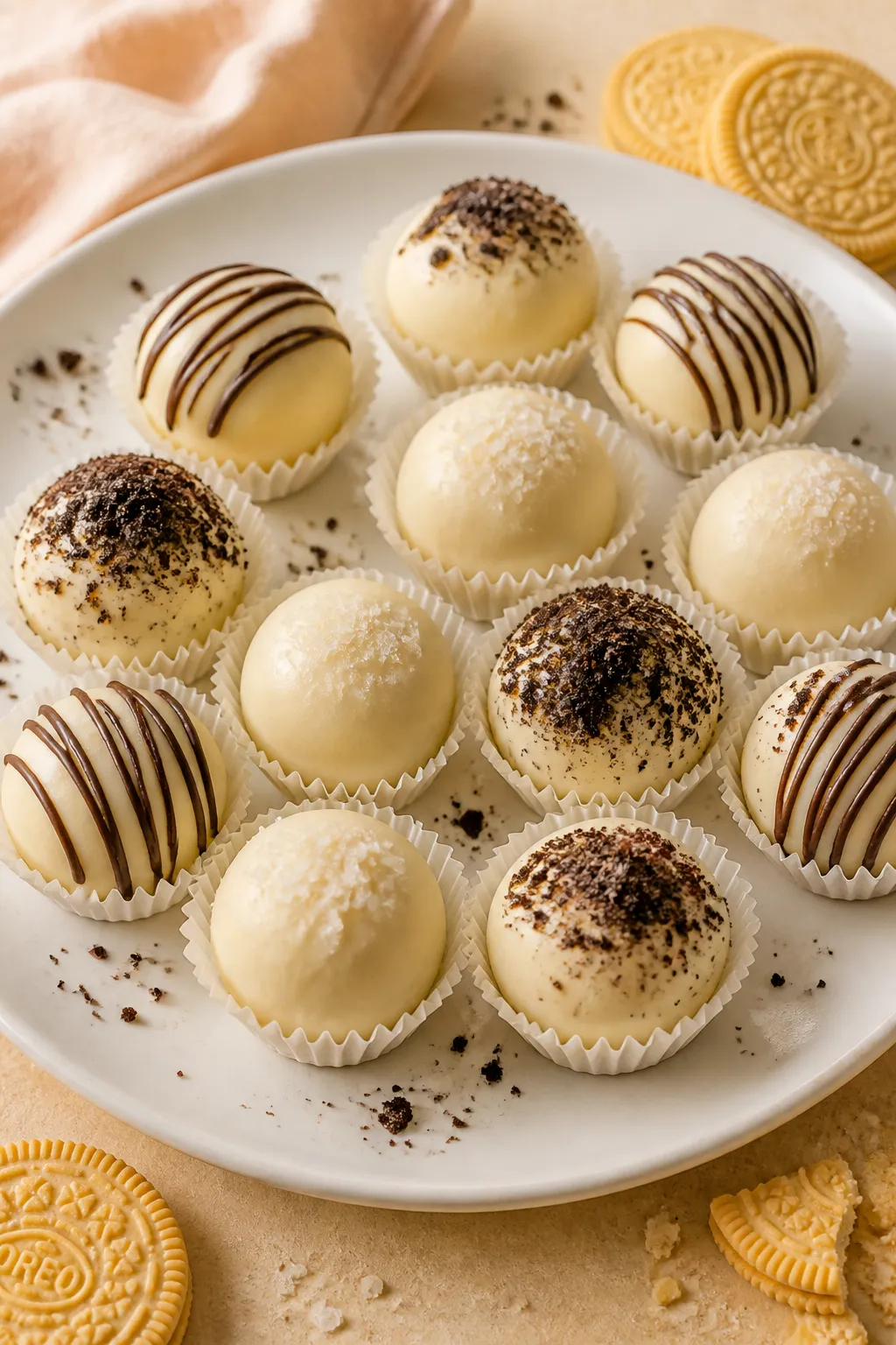 Final presentation shot of Golden Oreo Truffles arranged on a matte white platter in mini cupcake li
