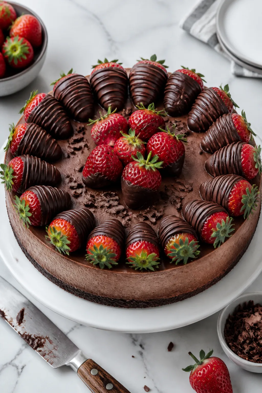 Final presentation: Tasty top view of the whole finished chocolate covered strawberry cheesecake on 