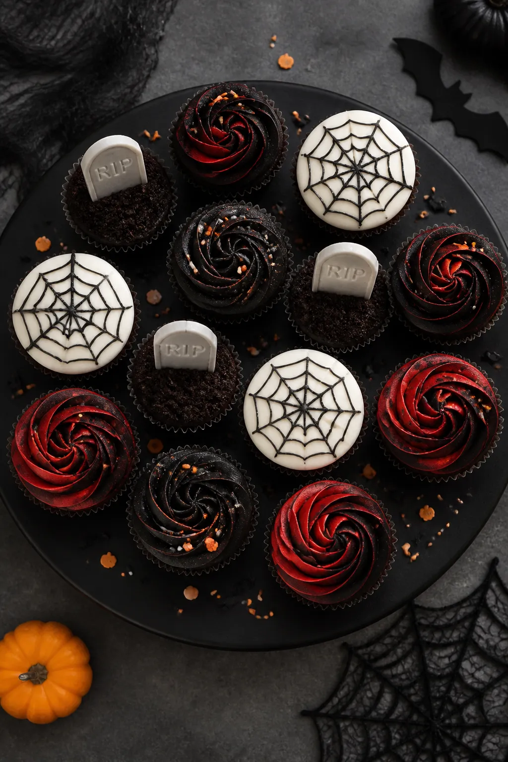 Final presentation, top-down: A party platter of decorated Black Velvet Halloween Cupcakes arranged
