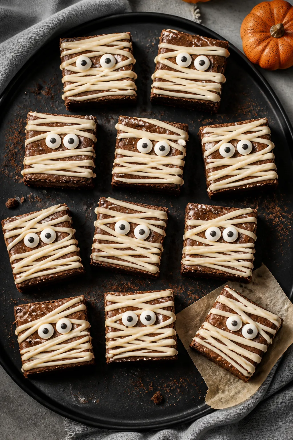 Final presentation, top-down party spread: neatly cut Mummy Brownies arranged on a matte black platt