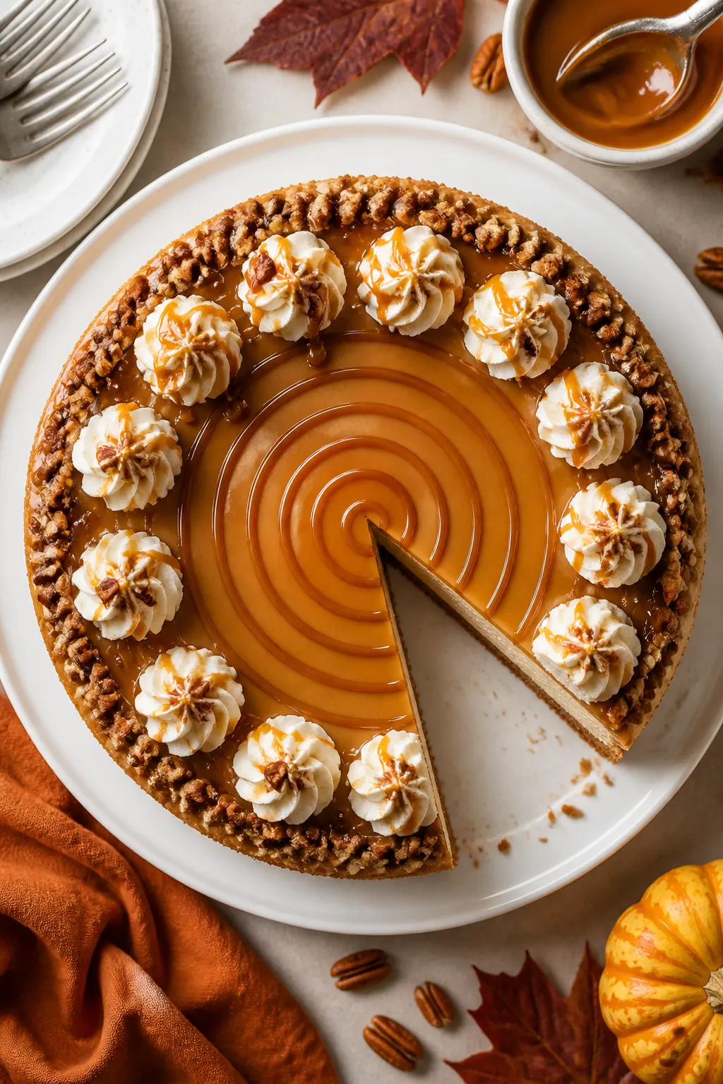 Final presentation (top view): Tasty of a fully chilled, crack-free pumpkin pie cheesecake on a whit