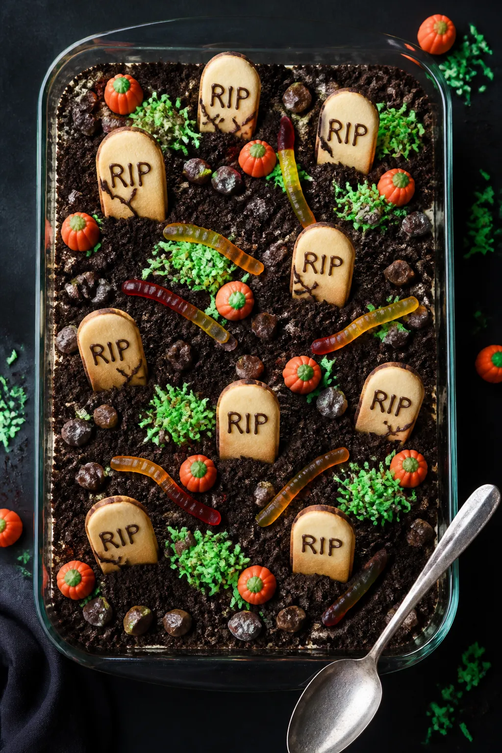 Overhead final presentation: of a 9x13 pan of finished Halloween Dirt Cake styled as a mini graveyar