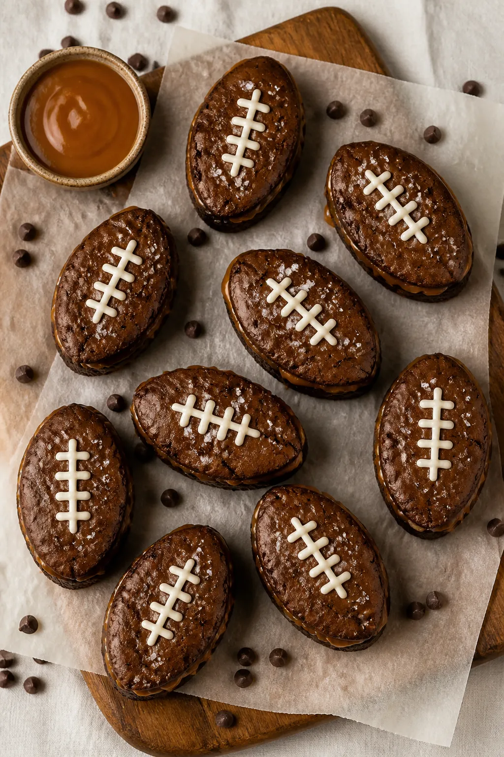 Overhead “game-day” presentation: a parchment-lined wooden board filled with oval-cut “footbal